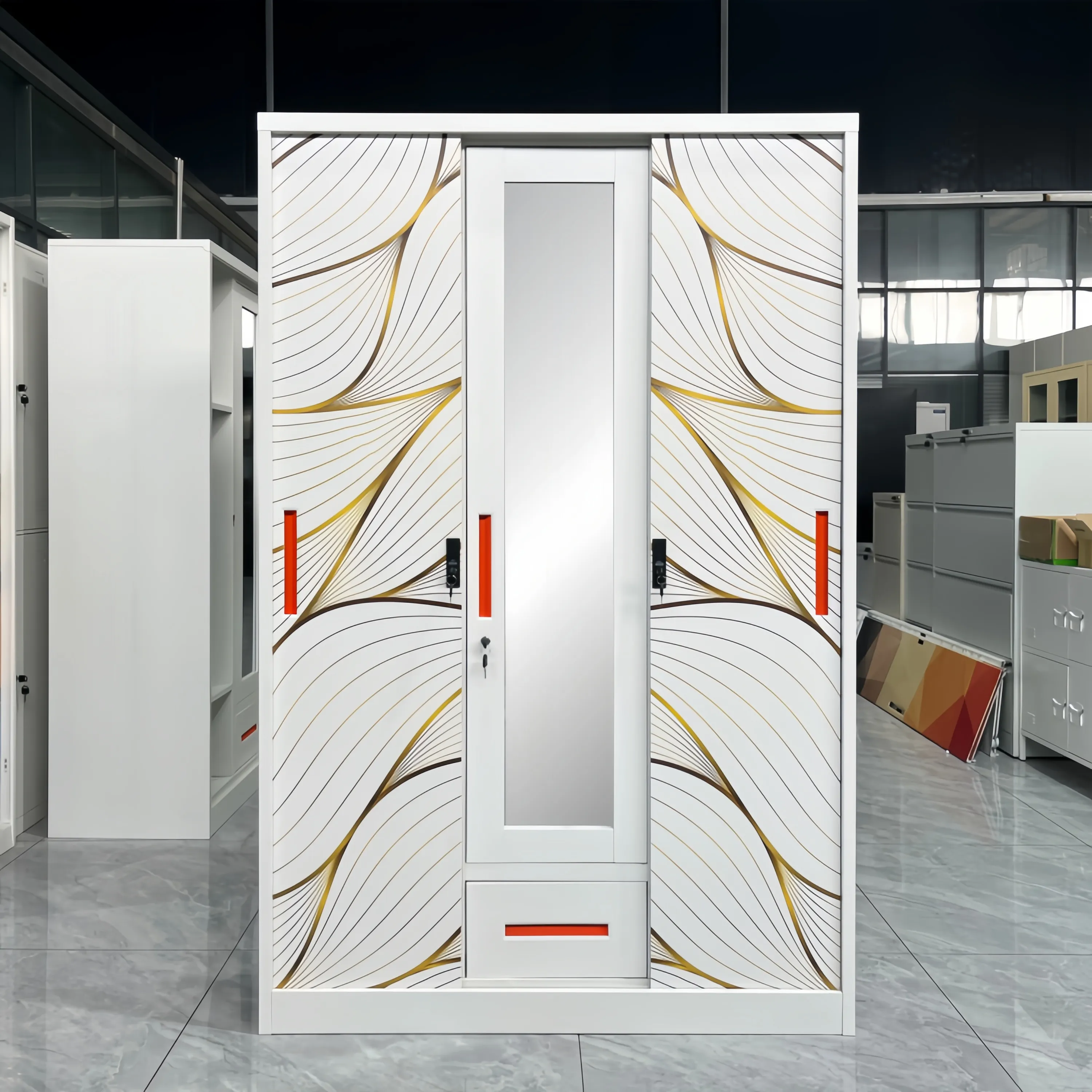 Steel 3-Door Petal Shape Printed Pattern Wardrobe 1
