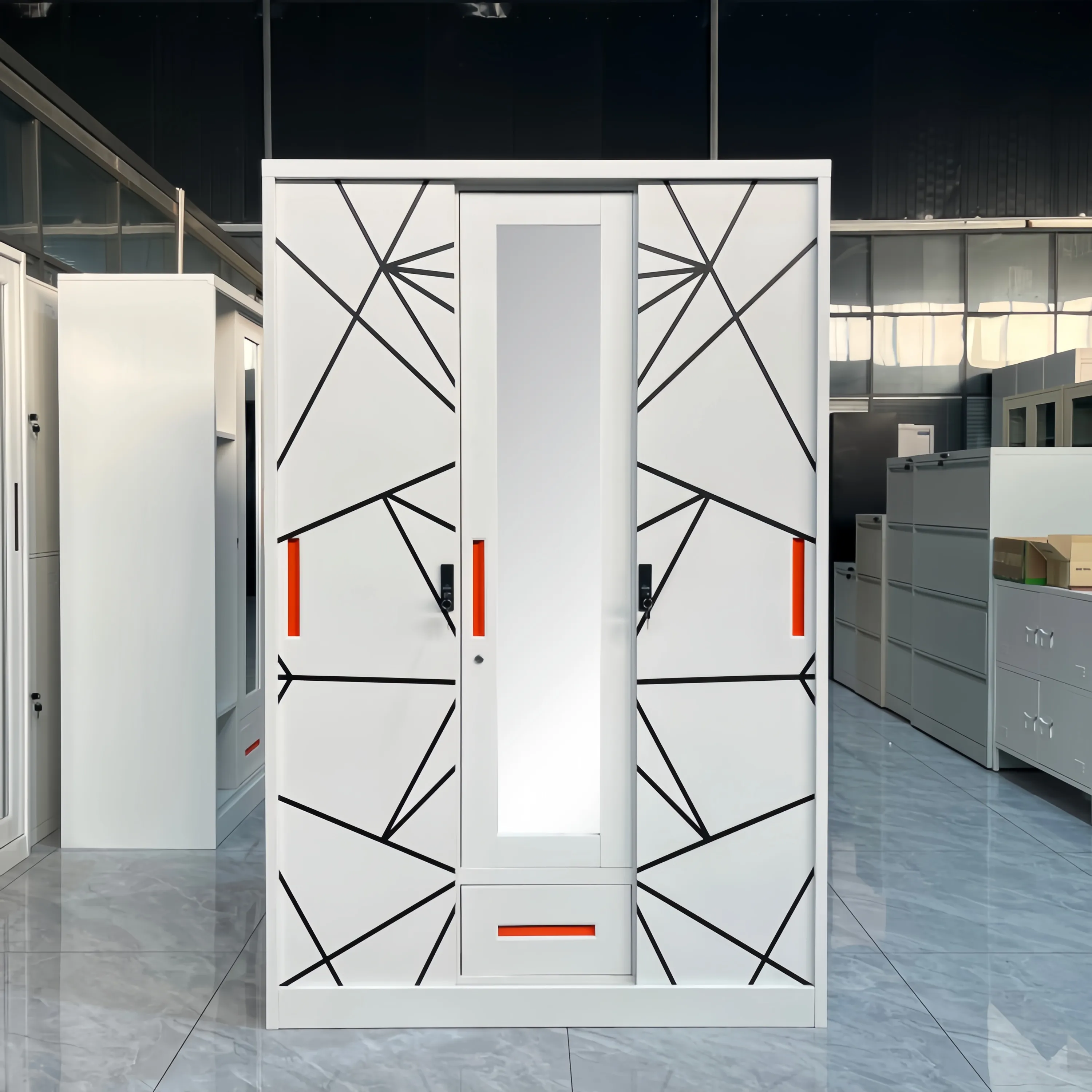 Steel 3-Door Line Printed Pattern Wardrobe 1